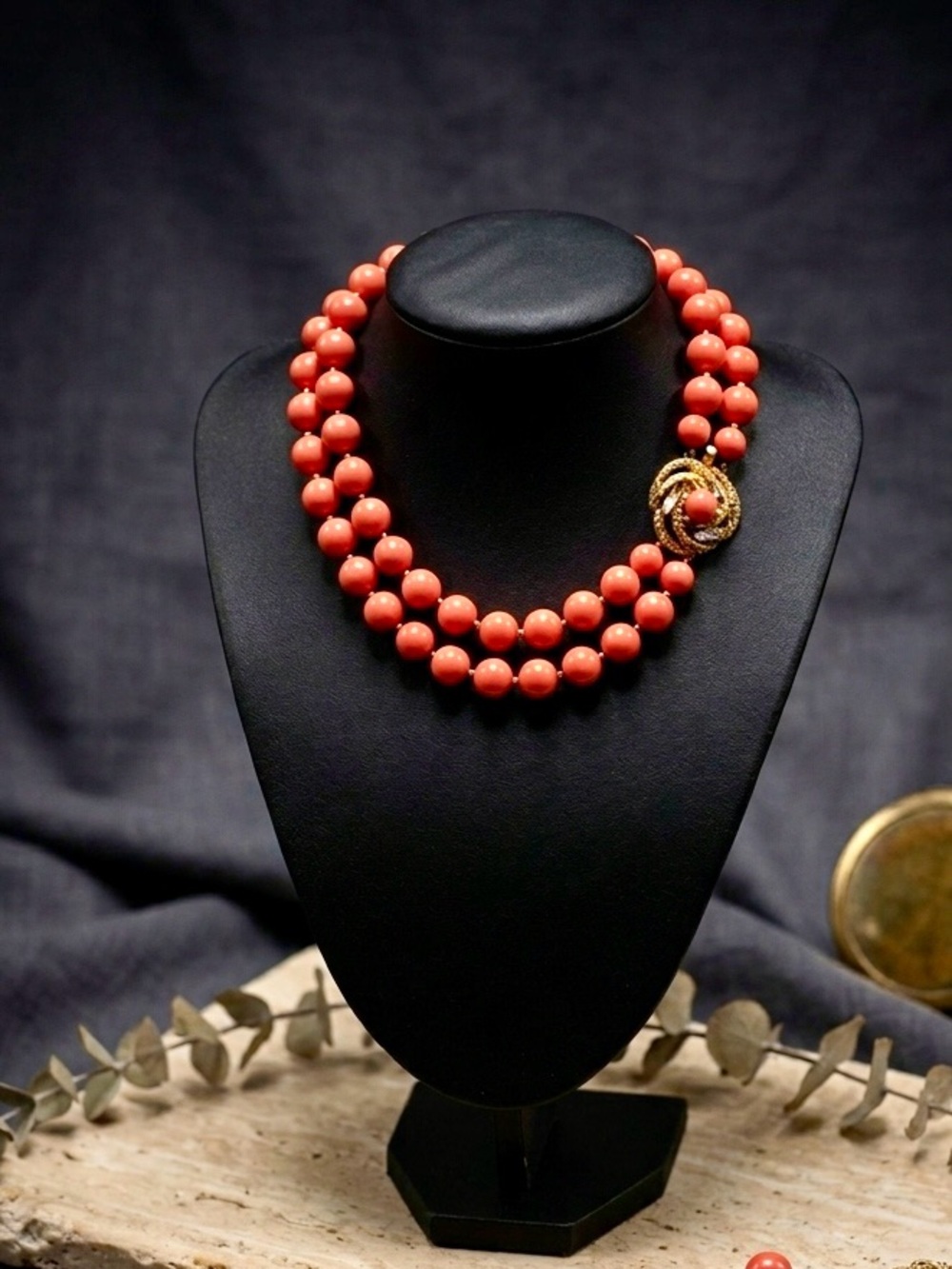Vintage Mid-Century Salmon Coral Hue Double Strand Beaded Choker